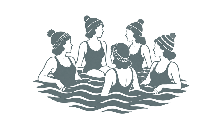 Silhouette of a group of sea swimmers in woolly hats